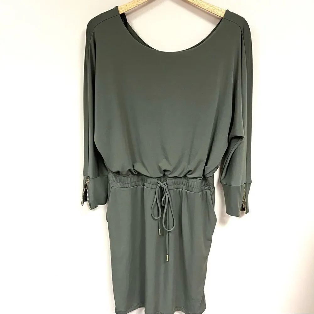 Andrew Marc jersey olive green elastic waist dress size 12